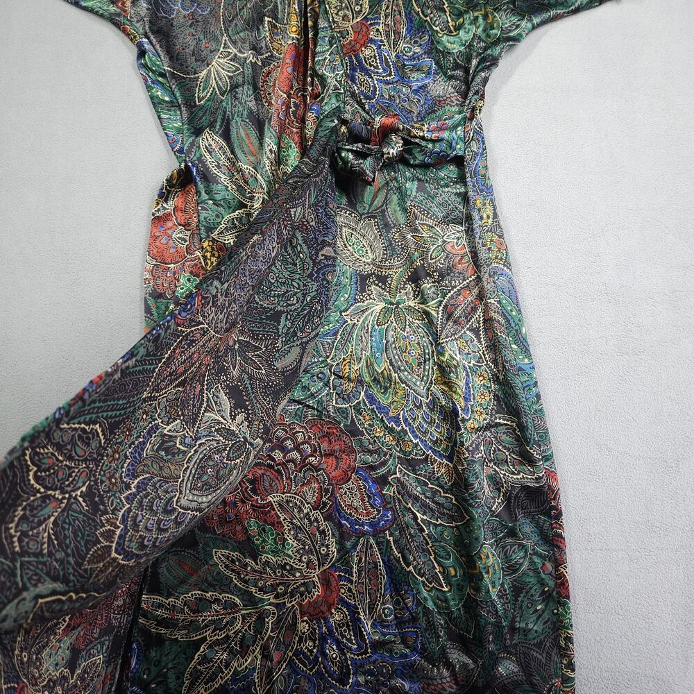 Vintage VIRGO II Wrap Dress Womens 14 Floral Print Metallic Sheen Midi Artsy USA - Picture 4 of 16